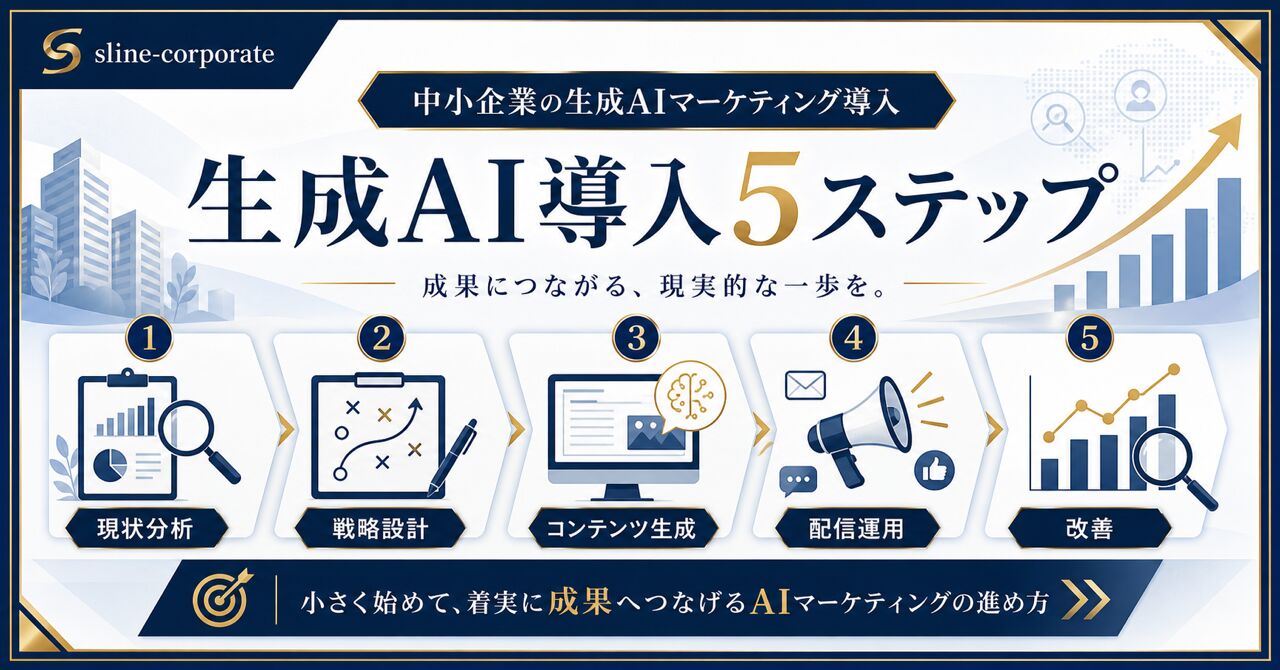 【中小企業必見】生成AIマーケティング導入で人手不足解消！コスト・セキュリティ不安を払拭する5ステップのアイキャッチ