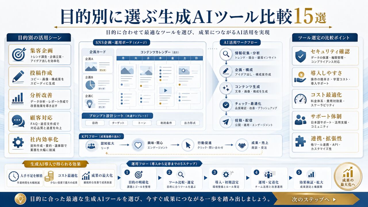 【目的別】中小企業におすすめの生成AIツール比較15選の図解
